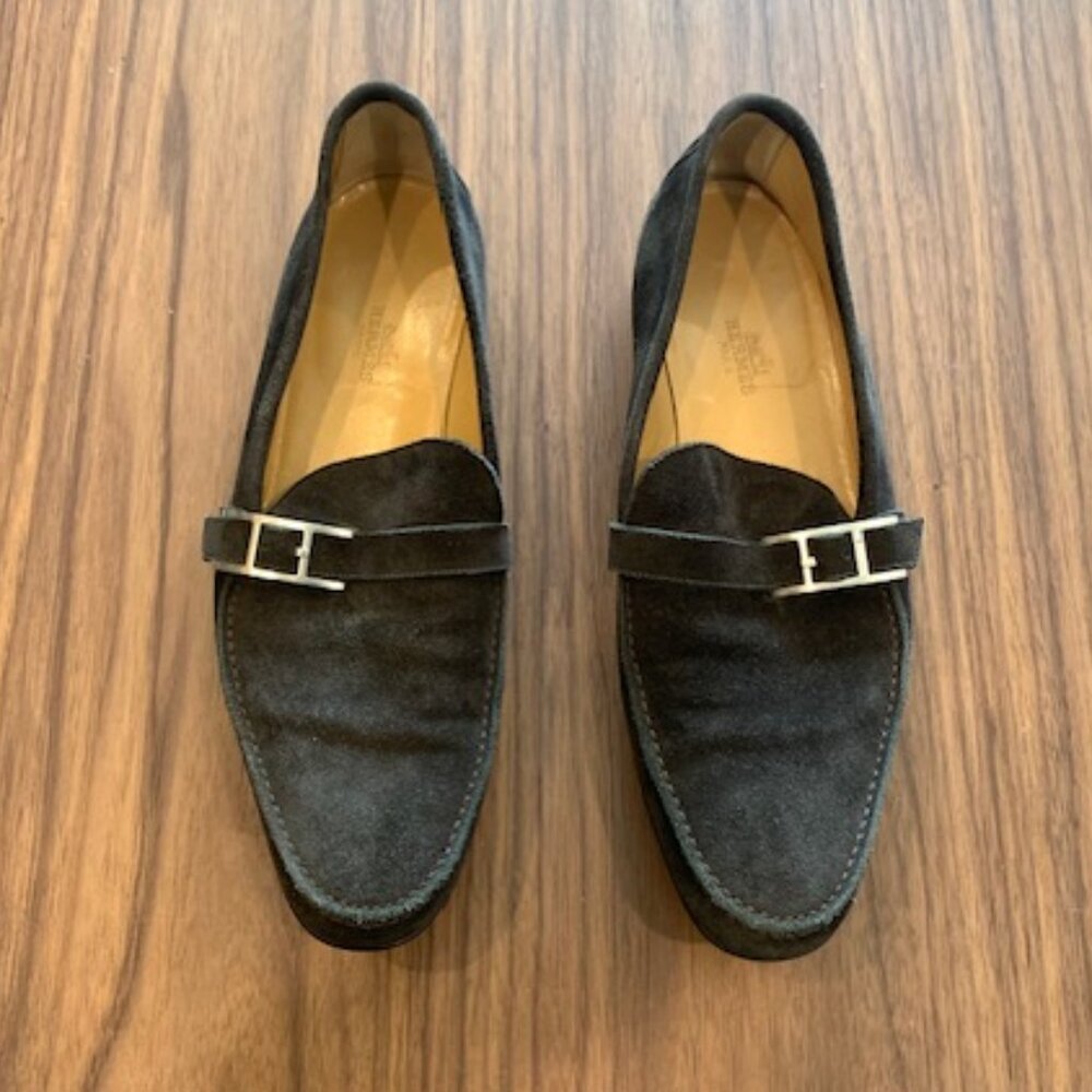 Hermes Black Suede Men's Loafers with Silver Buckle